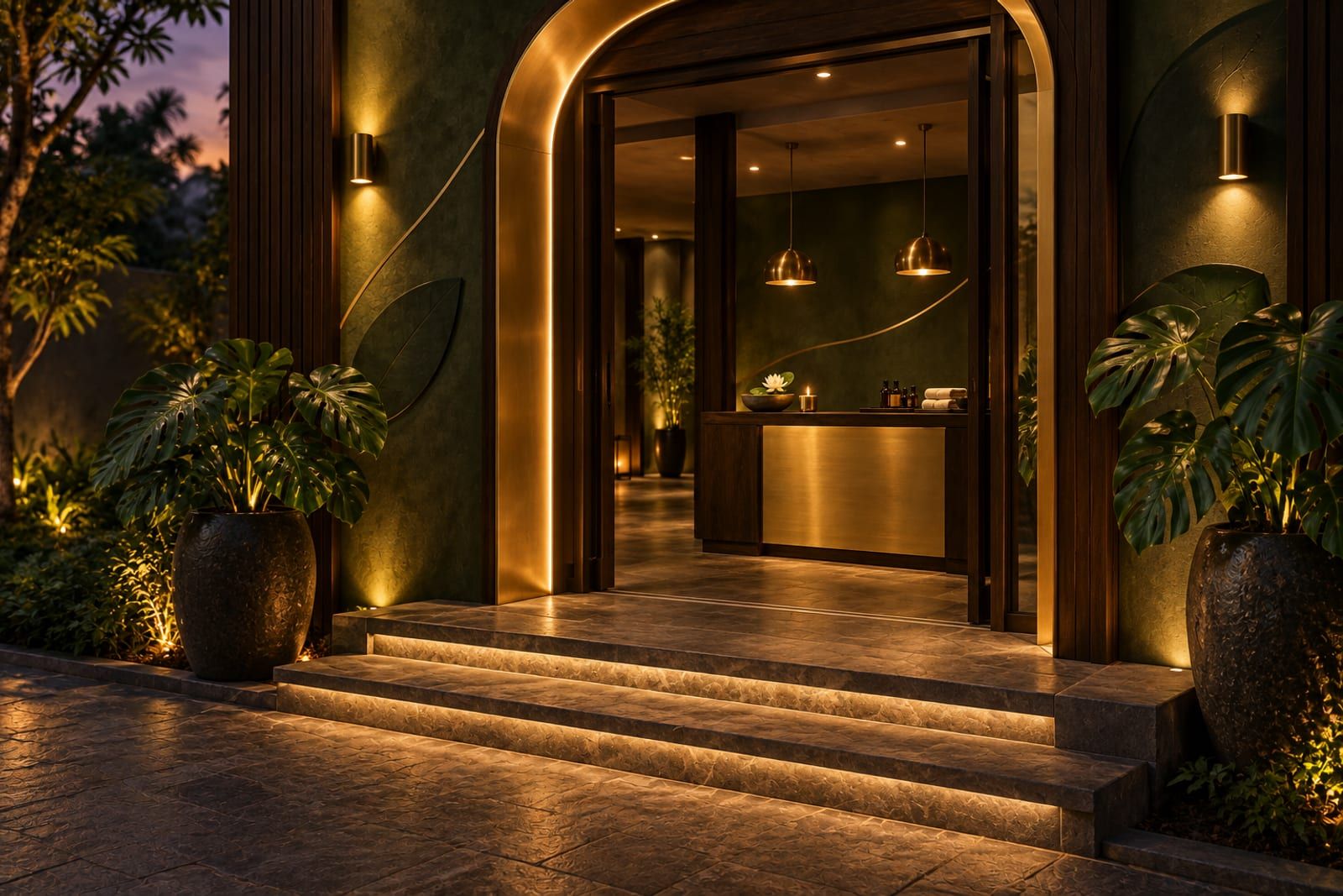 Healing Oasis exterior with curved golden entrance