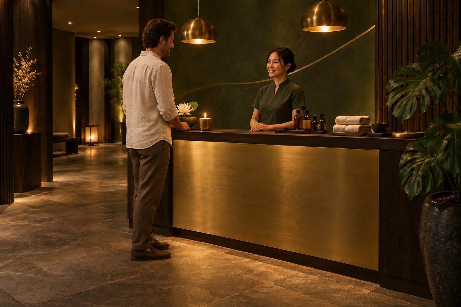 Reception desk with warm lighting